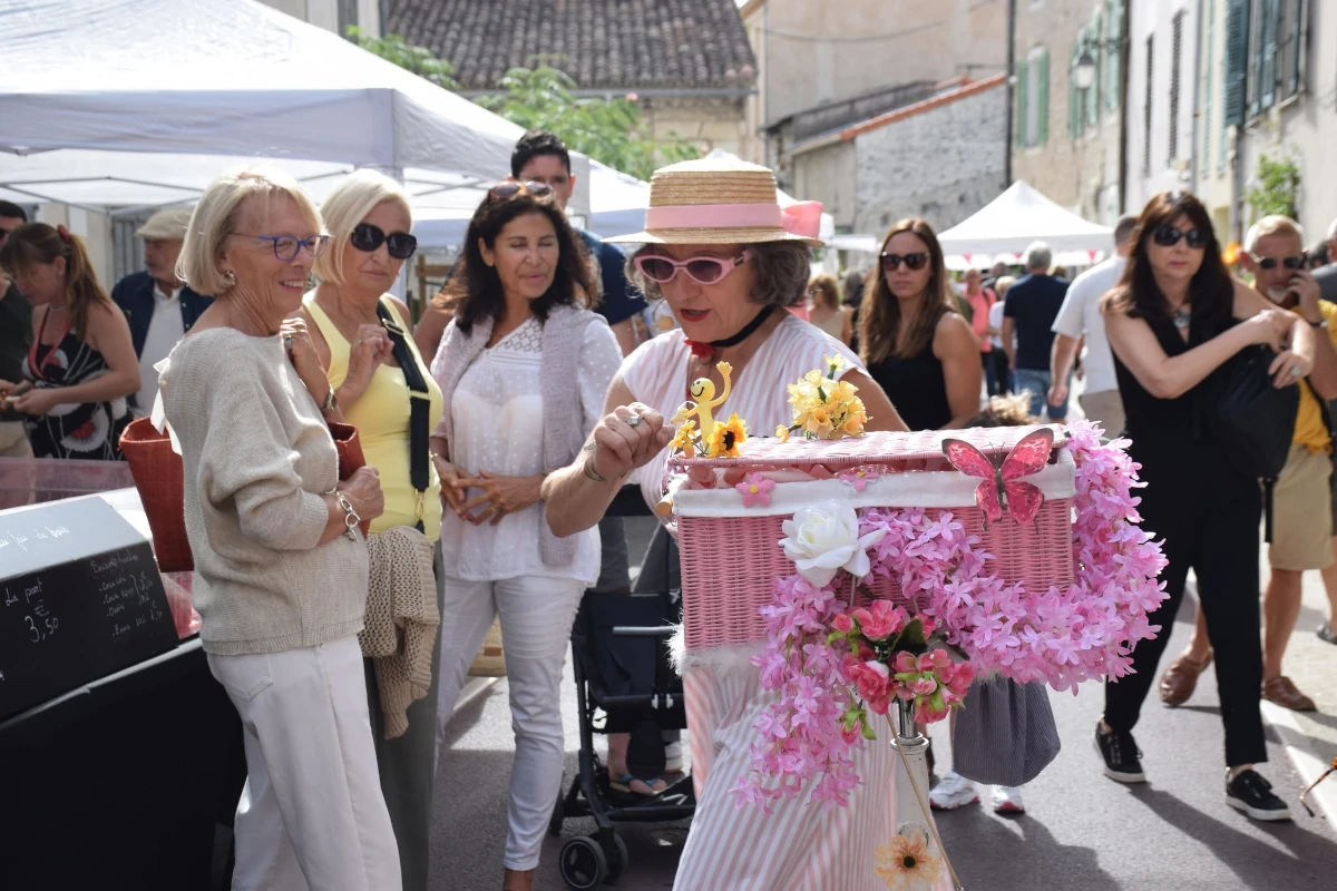 Chanteuse en déambulation musicale avec sa monocyclette fleurie, sur un marché provençal