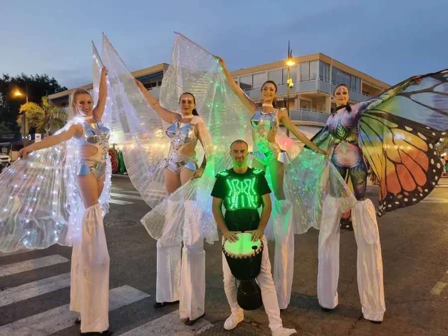 Échassiers en costumes lumineux de papillon et fée