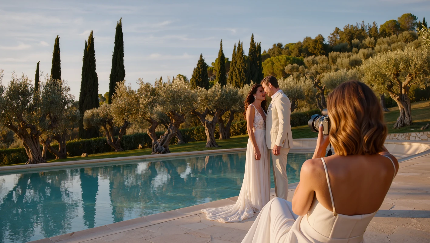 Photographe réalisant un reportage de mariage au bord d'une piscine, parmi les oliviers
