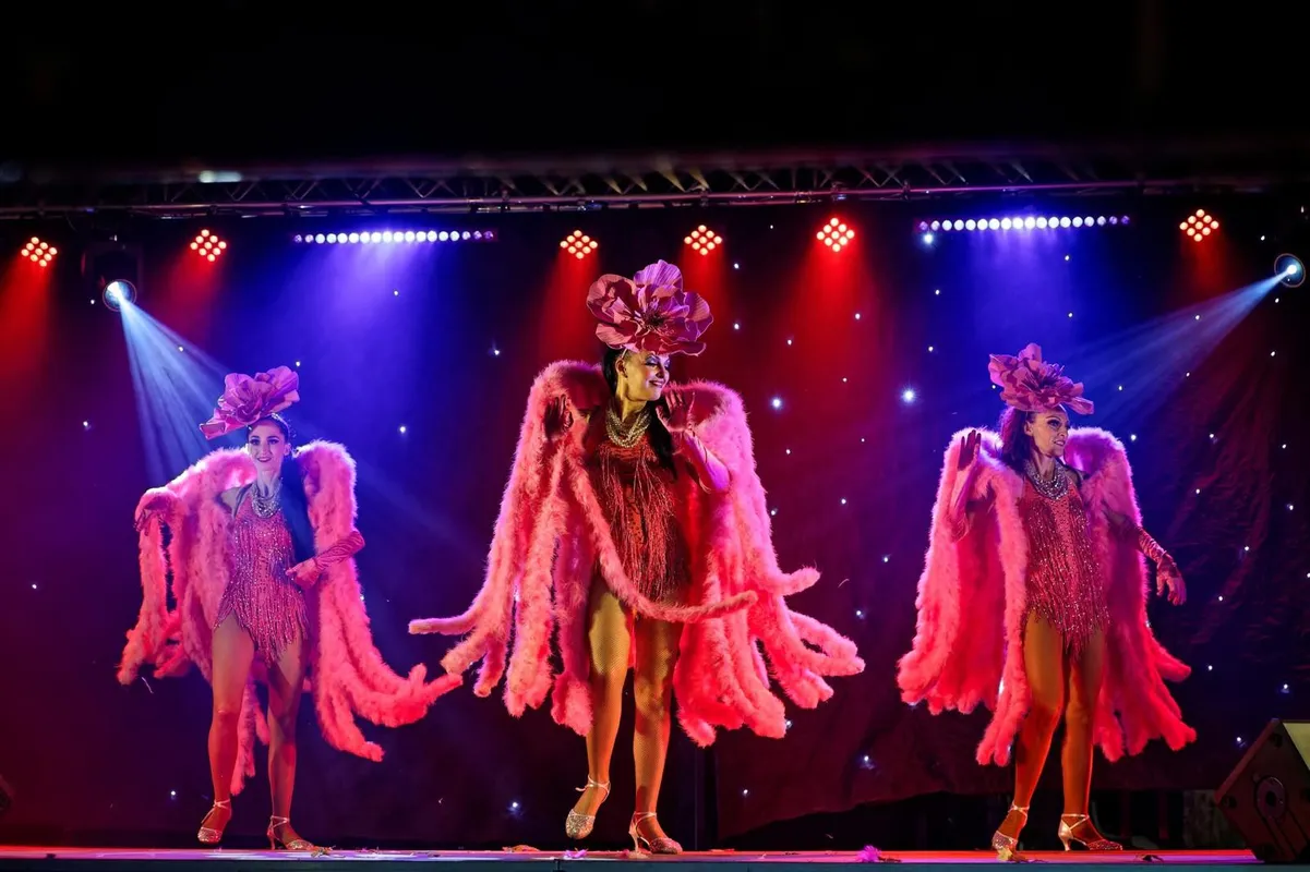 Trio de danseuses en costumes de plumes roses